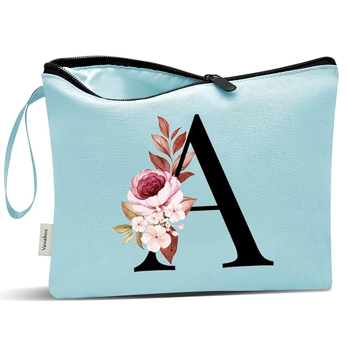 Vavabox A-Z Personalized Makeup Bag, Birthday Gifts for Women Mom, Gifts for Best Friend, Bride Bridesmaid Cosmetic bag (A, Green)