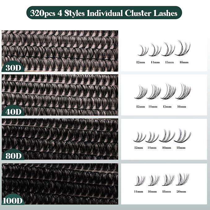 Lash Clusters 320PCS 12-20MM 30D+40D+80D+100D DIY Eyelash Extensions Kit Natural Individual Lashes Thick Volume Eyelash Clusters D Curly Lash Extension kit with Bond + Seal + Remover + Tweezers-4