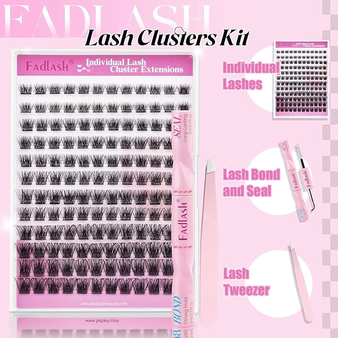 FADLASH Lash Clusters Kit DIY Lash Extension Kit D Curl 0.07 Natural Eyelash Extension Clusters Wispy Lash Clusters with Lash Bond and Seal Lash Tweezer for Self Application(F32-0.07D, 8-16mm Kit)