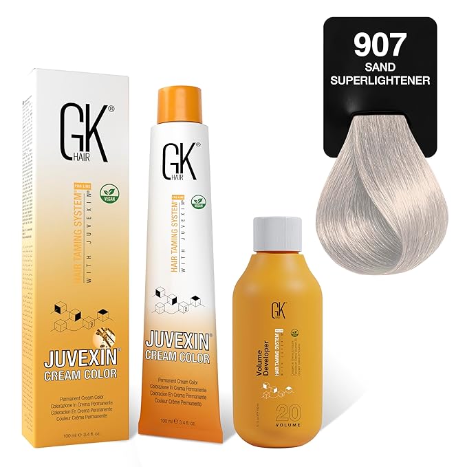GK HAIR Global Keratin SuperLighteners 907 Sand Hair Color Cream Tube (3.4 Fl Oz/100ml) + 20 Volume Developer (5 Fl Oz/150ml) - Professional Permanent Long Lasting Toner Dye