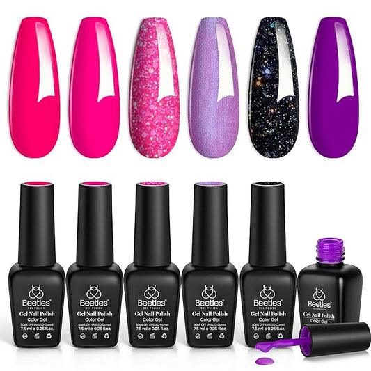 Beetles Hot Pink Gel Nail Polish Set, 6 Colors Glitter Gel Nail Polish Kit Pink Purple Black Shimmer Soak Off Uv Dreamy Swirl Thread Effect DIY Manicure Valentines Gift for Women