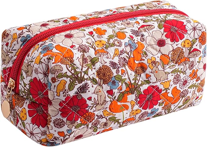 Cute Floral Makeup Bag Small Cotton Quilted Cosmetic Bag, Aesthetic Essential Bag Emergency Bag Gift for Women Girls Travel Accessories (Orange Squirrel)