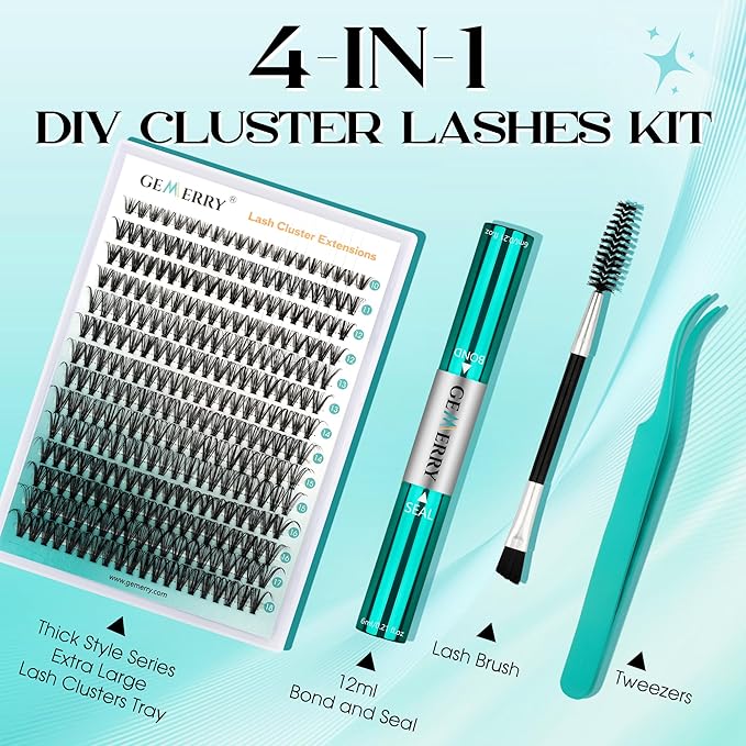 GEMERRY Fluffy Lash Extension Kit Thick Lash Clusters Kit Eyelash Clusters 280Pcs D Curl Eyelash Extension Kit With Lash Bond and Seal, Lash Tweezers, DIY Lash Extension(100P-10-18mm)