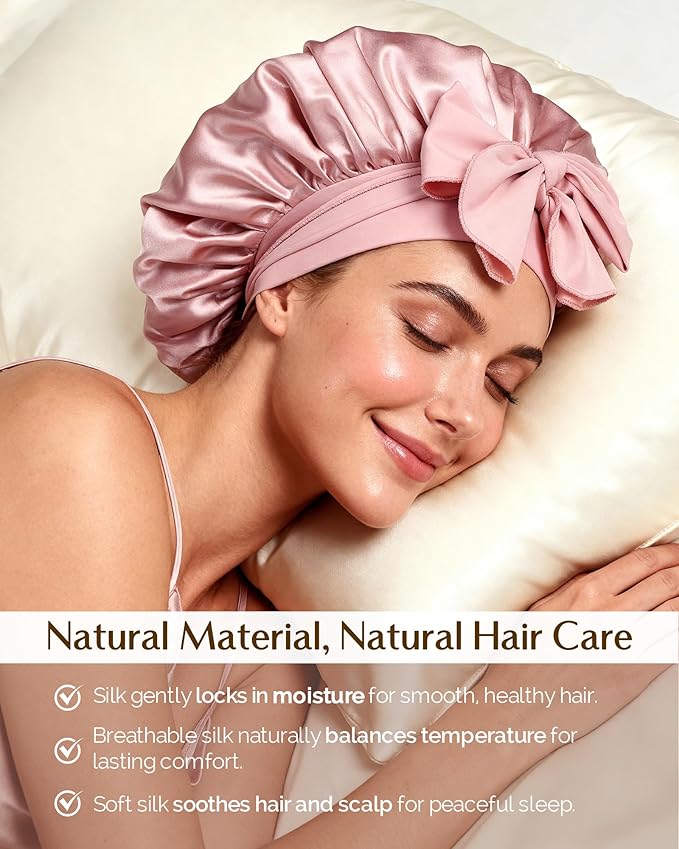 YANIBEST 22 Momme 100% Mulberry Silk Bonnet for Sleeping Women Double Layer Sleep Bonnet with Tie Band, Sleep Cap