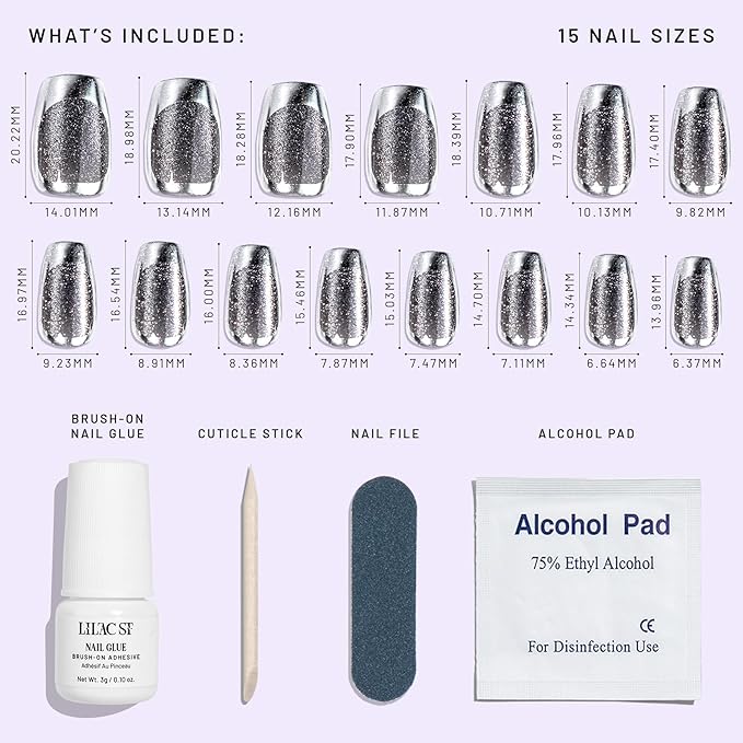 Lilac St - Press on Nails, Silver Lining (30 Nails, 15 Sizes) - Medium, Coffin, Glossy, Opaque - Brush-On Nail Glue, Nail File, Cuticle Stick, Prep Pad - Cruelty Free, Vegan, Women Founded