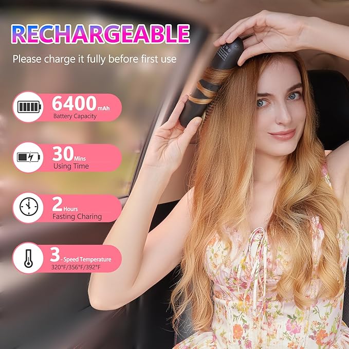 STUDLLY LCD Screen Cordless Hair Straightener Curler 2 in 1, Portable Mini Hair Straightening Brush for Travel Negative Ionic Fast Heating Hot Comb for Women, Folding Brush with Mirror, Black