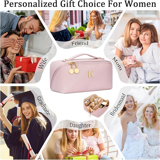 Gifts for Women Bridesmaid Gifts Personalized Initial Makeup Bag PU Leather Cosmetic Waterproof Travel Toiletry Bag (Large)