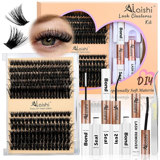 AILAISHI Lash Clusters Kit, DIY Cluster Eyelash Extensions 10‑20mm, 80D+100D, 216pcs Fluffy D Curl Natural Lashes with Bond & Seal,Remover,Tweezers – Fake Cat Eye Individual Clusters