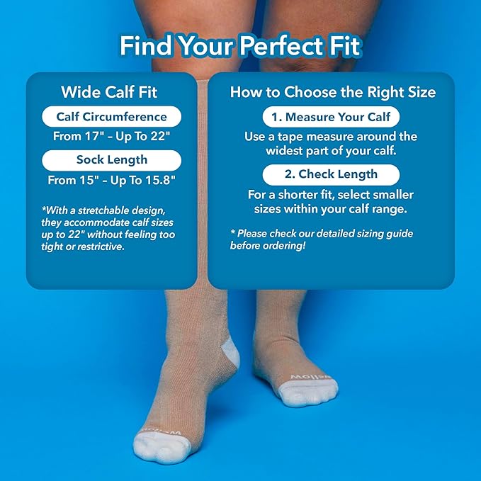 Wellow Wide Calf Compression Socks, Knee High Support, Fit for Men & Women, 18-25 mmHg, Made with Viscose from Bamboo