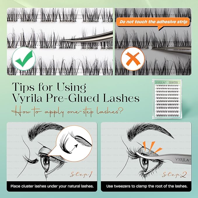 VYRILA Self-Adhesive Lash Cluster Kit, Pre-Glued Clusters with Tweezers, Pop-On Faux Eyelashes, 3D Thin Band D Curl Natural Look Lahses, Easy to Apply, Reusable Eyelash Extensions (Charm-10-16-Kit)