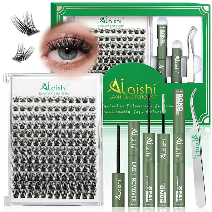 AILAISHI Lash Clusters Kit, DIY 3D Cluster Eyelash Extensions 10‑18mm,144pcs Fluffy D Curl Soft Natural Lashes with Bond and Seal,Remover,Tweezers–Fake Cat Eye Wispy Individual Clusters MIX1-3-L
