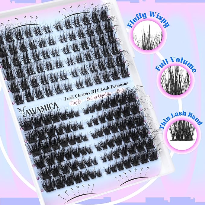 Yawamica Lash Clusters Fluffier Cat Eye Lashes Clusters Wispy Cluster Eyelash Extensions 7-18mm Individual Lashes 2 Styles Cluster Lashes D Curly Eyelash Clusters DIY Lash Extension by Self at Home