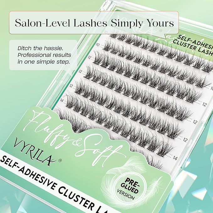 VYRILA Self-Adhesive Lash Cluster, Pre-Glued Clusters, Pop-On Faux Eyelashes, D Curl Natural Look Lahses, Reusable 0.05mm Eyelash Extensions (Green Hush-D-0.05-10-16mix-Kit)