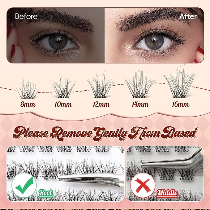 Lash Clusters 0.05mm PBT Fiber Eyelash Clusters, 0.1mm Superfine Invisiband D Curl Diy Lash Extension, 96pcs 8-16mm Individual Like Eyelash Extensions (Dash-D-8-16Mix)