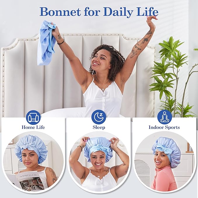 Tie Band Silk Satin Bonnet for Sleeping Hair: Women Sleep Night Wrap Cap for Straight Wavy Curly Coily Kinky Natural Hair Head - Sky Blue Aqua