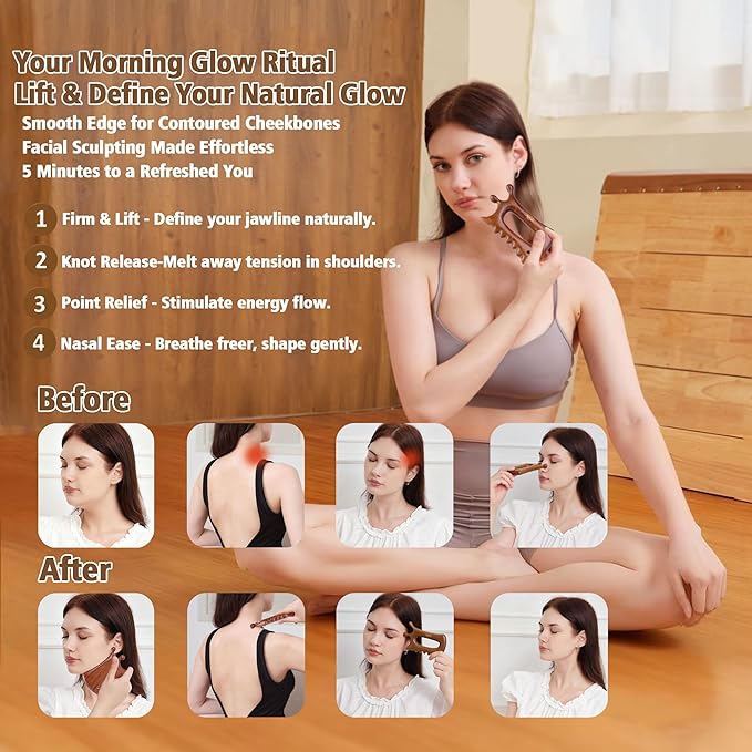 Aurift Wooden Gua Sha Massage Tool for Face & Body – Dual Trigger Point Acupressure Massager for Nose & Eye Area, Manual Muscle Scraper with Ergonomic Grip for Jawline & Neck Relief in Gift Box