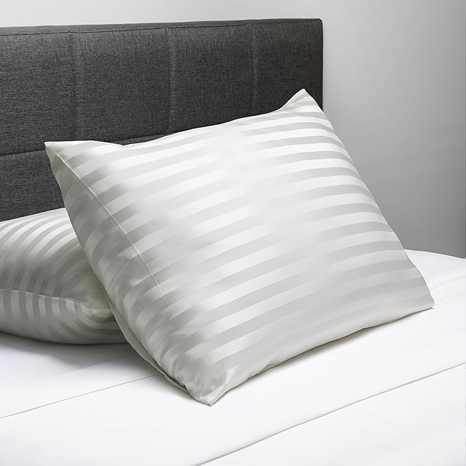 Fishers Finery 30mm 100% Pure Mulberry Silk Pillowcase 2 Pack, Quality Tested (White Stripe, Queen, 2 Pack)