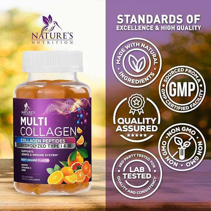 Collagen Gummies with 2500 mcg Biotin - Hydrolyzed Peptides Protein Type I & III Multi Collagen Supplement with Vitamin C & Zinc - Support for Hair, Skin, Nails, Tasty Orange Flavor - 60 Gummies