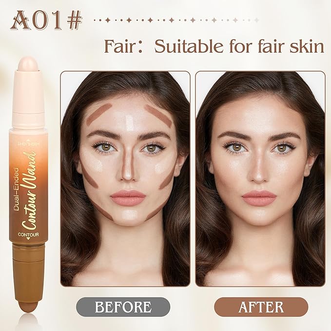 Contour Highlighter Stick，2-in-1 Dual-Ended Cream Bronzer & Highlighter Sticks Pen for Face Body Contouring Makeup- Buildable，Waterproof, Easy to Apply Suitable for Beginners，01Nuetral Nude + Beige