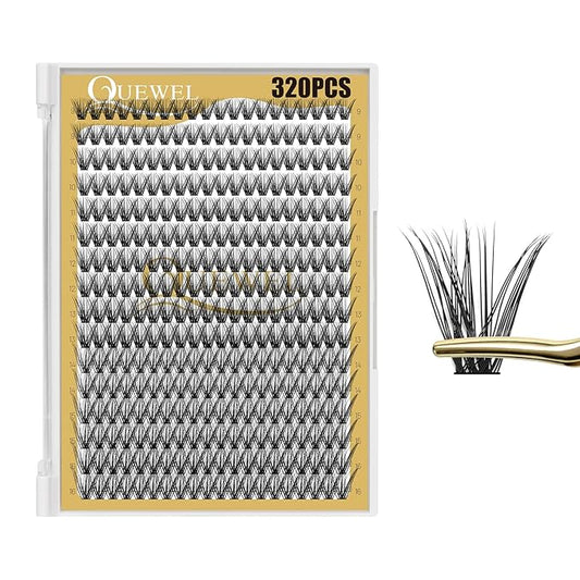 QUEWEL Lash Clusters 320Pcs Cluster Lashes 40D C Curl Lash Cluster Eyelash Extensions Mix9-16mm Individual Eyelashes Clusters Wispy Lash Clusters Thin Band Soft to Use at Home(40D C Mix9-16)
