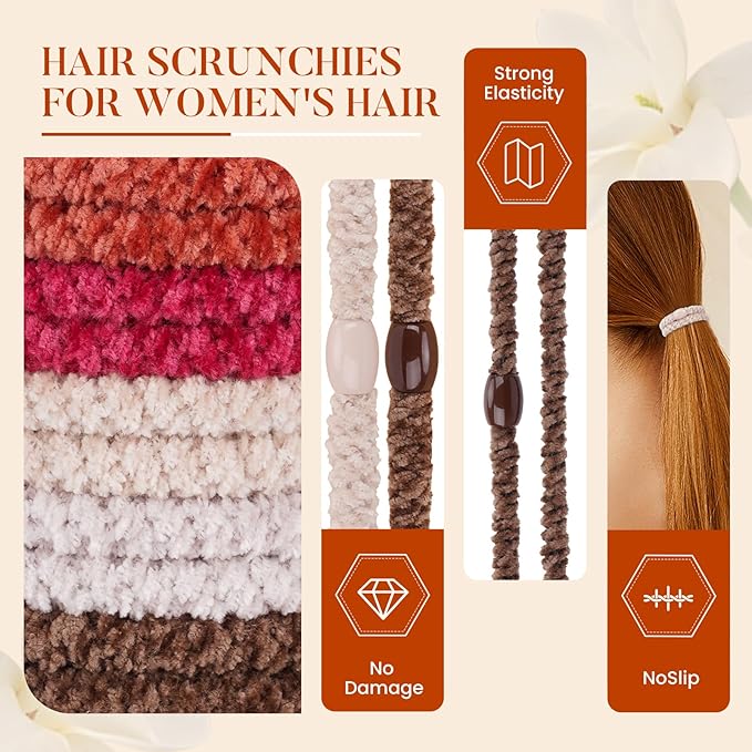 Braided Hair Ties No Damage, 10 Pcs Soft Plush Hair Bands for Women's Hair, Bracelet Hair Elastics & Ponytail Holders for Thick Hair - Ember Glow