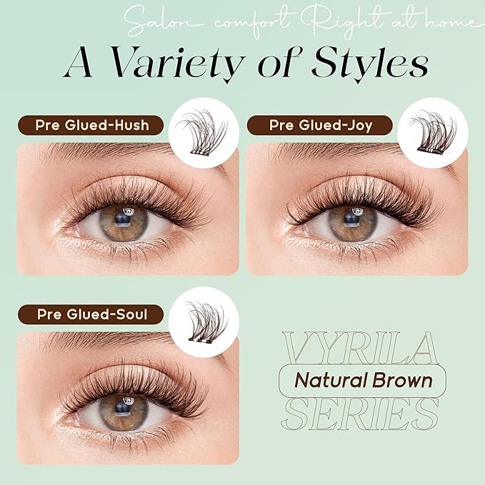 VYRILA Brown Self-Adhesive Lash Cluster Kit, Pre-Glued Clusters with Tweezers, Pop-On Faux Eyelashes, 3D Thin Band D Curl Natural Look Lahses, Easy to Apply, Reusable Eyelash Extensions (Joy-Brown)
