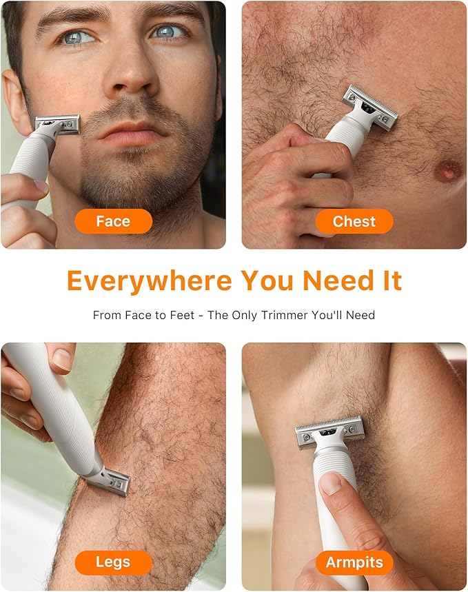 Trimcoo New 2 in 1 Body & Nose Hair Trimmer - Electric Beard Razor for Men, All-in-One Groomer with Magnetic Nose Hair Head, Waterproof Wet/Dry Use, Groin/Ball Shaver, USB-C Fast Charging,White(Solo)