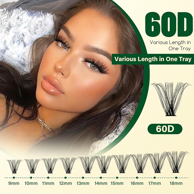 KEYYOU DIY Lash Extension Kit 300pcs Soft Lash Clusters 60D D Curl Easy to Apply with Lash Bond and Seal Lash Applicator Lash Remover Eyelash Extension Kit at Home(RMkit-60D-D-9-18mix)