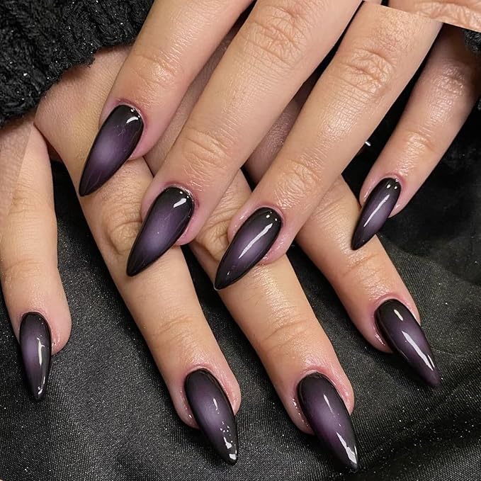 GLAMERMAID Black Pink Ombre Press on Nails Medium Almond, Purple Aurora Fake Crush Nails, Stiletto Fake Nails, Short Oval Stick Glue on Nails Tips for Women, Reusable Acrylic False Nail Kits
