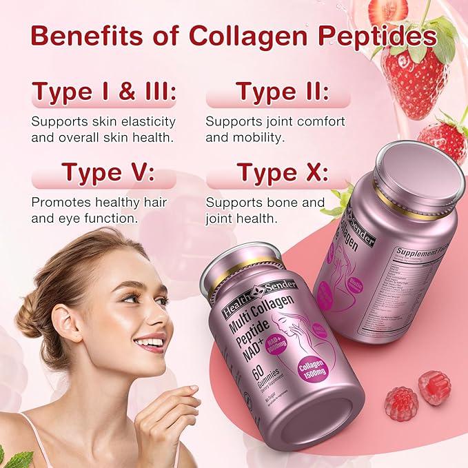 HealthSender Collagen Peptide Gummies, Sugar-Free Woman &Man's Proteins Collagen Gummy Filled 1500mg Hydrolyzed Collagen Type I,II,III,V,X,1000mg NAD 15000mcg Biotin Supplement for Skin, Hair, Nails