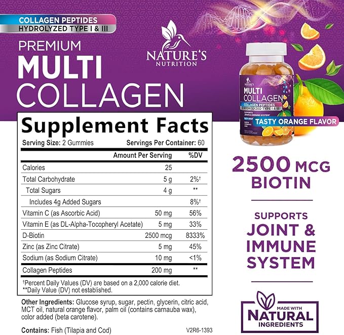 Collagen Gummies with 2500 mcg Biotin - Hydrolyzed Peptides Protein Type I & III Multi Collagen Supplement with Vitamin C & Zinc - Support for Hair, Skin, Nails, Tasty Orange Flavor - 120 Gummies
