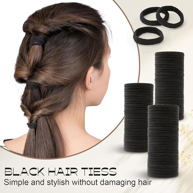 200 Pcs Black Hair Ties No Damage, Soft Ouchless Elastic Hair Ties, Nylon Seamless Hair Tie for Women and Girls, Sturdy Ponytail Holders for Thick and Curly Hair, No Damage Hair Bands for Thin Hair