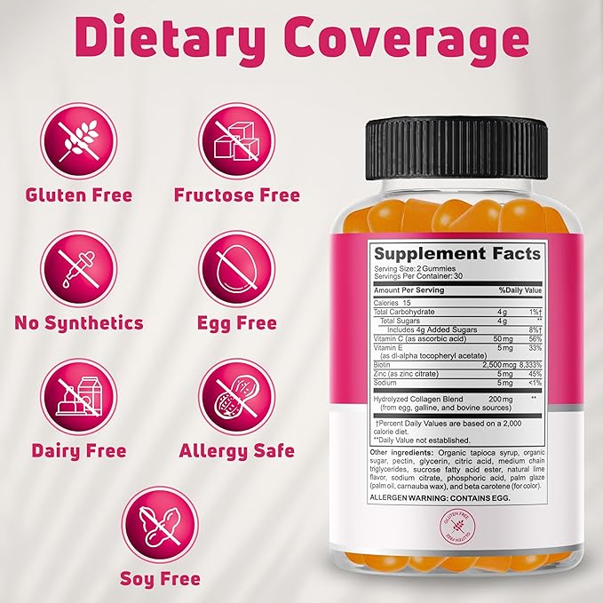 NUELATION 200mg Hydrolyzed Gummy Collagen for Women & Men. 2500mcg Biotin Gummies with 5mg Vitamin E, 50mg Vitamin C & 5mg Zinc. Gluten-Free, Non-GMO, Keto Friendly Adult Biotin and Collagen Vitamins
