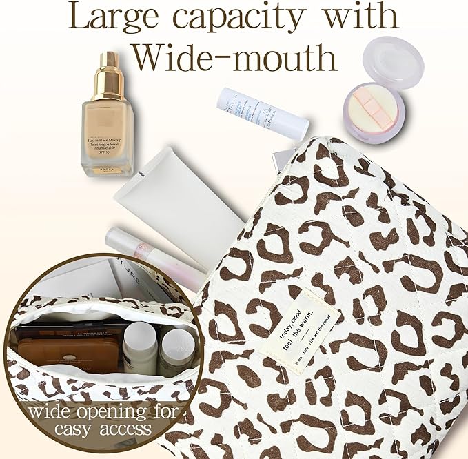 3Pcs Quilted Makeup Bag for Women, Large Travel Makeup Bag Set, Cute Aesthetic Cosmetic Bags, Floral Cotton Makeup Pouch Coquette Toiletry Organizer Bag