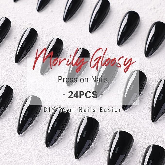 morily 24Pcs Black Press on Nails Stiletto Fake Nails Medium Length Almond False Nails Tips Long Acrylic Glossy Stick on Nail Solid Color Full Cover Fingernails Manicure for Women (Black)