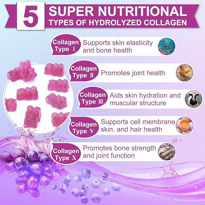 Nature's live Multi Collagen Peptides Gummies, Type I, II, III, V, X - Hydrolyzed Collagen Peptides Gummies, Supports Healthy Skin, Strong Nails & Thick Hair, Grape Blueberry Flavor, 60 Count