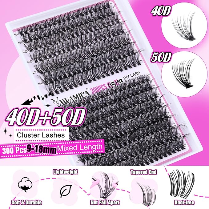 DIY Lash Extension Kit 300pcs Individual Lashes 9-18mm Mix 40D 50D Cluster Eyelash Extension Kit Wispy Lash Clusters with Lash Bond and Seal and Lash Tweezers for Lash Extension by Yawamica