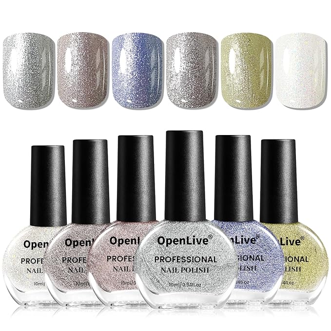 OpenLive 10ml Glitter Nail Polish Set 6 Colors Glitter Effect All Seasons Neutral Color Quick Dry Nail Polish Set for Women Salon DIY Nail Art