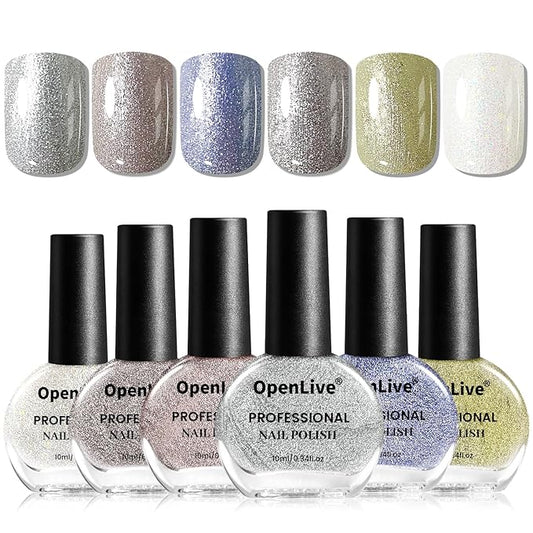 OpenLive 10ml Glitter Nail Polish Set 6 Colors Glitter Effect All Seasons Neutral Color Quick Dry Nail Polish Set for Women Salon DIY Nail Art