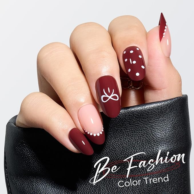 Modelones Red Press on Nails Almond, New Years Polka Dot Short Almond Fake Nails, Reusable Nail Kit with Nail Glue Adhesive Tabs Mini Nail File Nails Press Ons 32Pcs 16 Sizes, Women Girl Gift