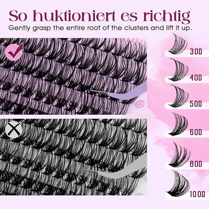 Lash Clusters 30D+40D+50D+60D+80D+100D Wispy Individual Lashes D-Curly Volume Lash Extensions 10-16mm Natural DIY Cluster Lashes for Beginners