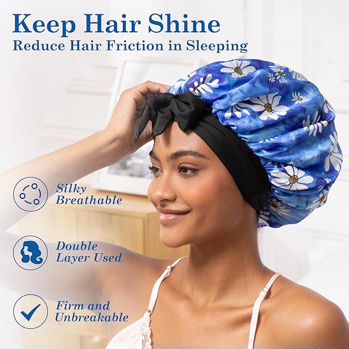 Tie Band Silk Satin Bonnet for Sleeping Hair: Women Sleep Night Wrap Cap for Straight Wavy Curly Coily Kinky Natural Hair Head - Daisy