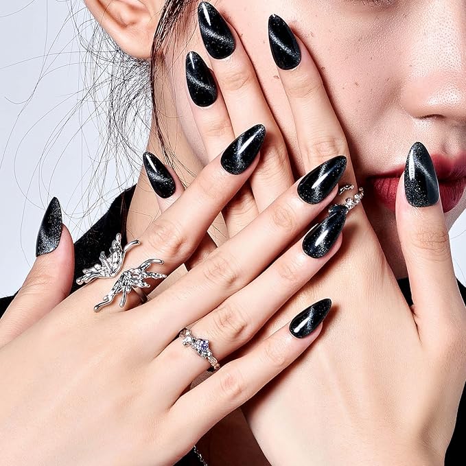 GLAMERMAID Black Cat Eye Press on Nails Medium Almond, Handmade Jelly Magnet Gel Fake Nail, Gloss Glitter Magnetic Glue on Nail Short Oval, Reusable Acrylic Stiletto Stick on False Nail Kit for Women