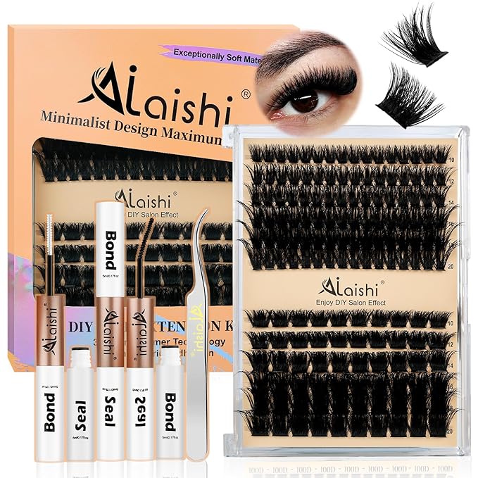 AILAISHI Lash Clusters Kit, DIY Cluster Eyelash Extensions 10‑20mm, 100D+200D, 156pcs Fluffy D Curl Natural Lashes with Bond & Seal,Tweezers–Fake Cat Eye Individual Clusters