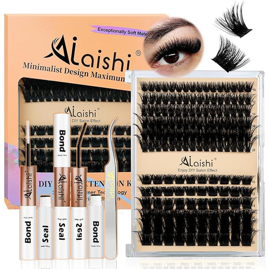 AILAISHI Lash Clusters Kit, DIY Cluster Eyelash Extensions 10‑20mm, 100D+200D, 156pcs Fluffy D Curl Natural Lashes with Bond & Seal,Tweezers–Fake Cat Eye Individual Clusters