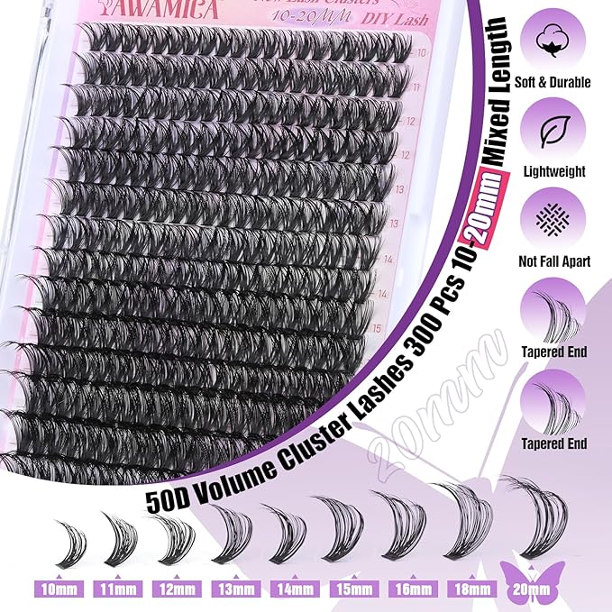 Yawamica DIY Lash Extension Kit 300pcs Individual Clusters Eyelash Extensions 10-20mm 50D Lash Clusters Kit With Lash Bond and Seal, Remover and Lash Applicator DIY Lash Kit for At-Home Use