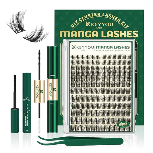 KEYYOU LASH Manga Lash Clusters Kit 8-18mm Eyelash Clusters Kit DIY Lash Extension Kit Natural Fairy Cluster Lashes with Lash Bond Seal Remover Applicator Soft Thin Band(MG02)