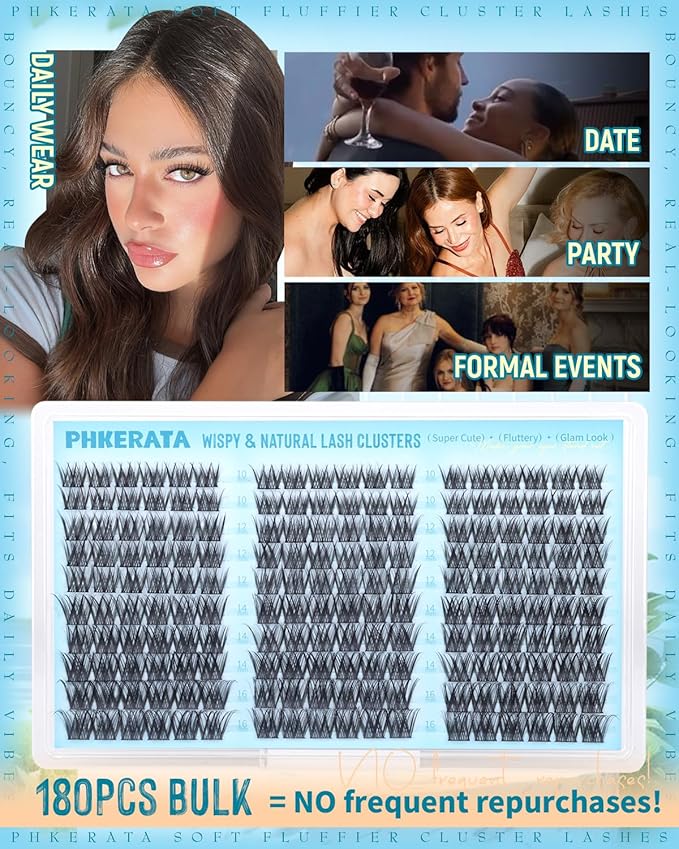 PHKERATA Wispy Lash Clusters Naural Eyelash Clusters Extensions C Curly Individual Lashes Clusters DIY Eyelash Extension with Wide Soft Thin Band,10-16MM,180Pcs