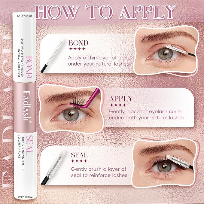 FADLASH Lash Bond and Seal Kit 2 Pcs Bond and Seal Lash Glue for Eyelash Clusters Waterproof Lash Clusters Glue Clear Stong Hold Long Lasting (12ml)