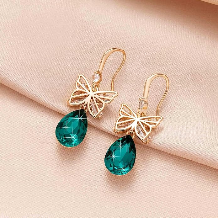 Austrian Crystal Teardrop Butterfly Drop Dangle Earrings for Women 14K Rose Gold Plated Hypoallergenic Jewelry